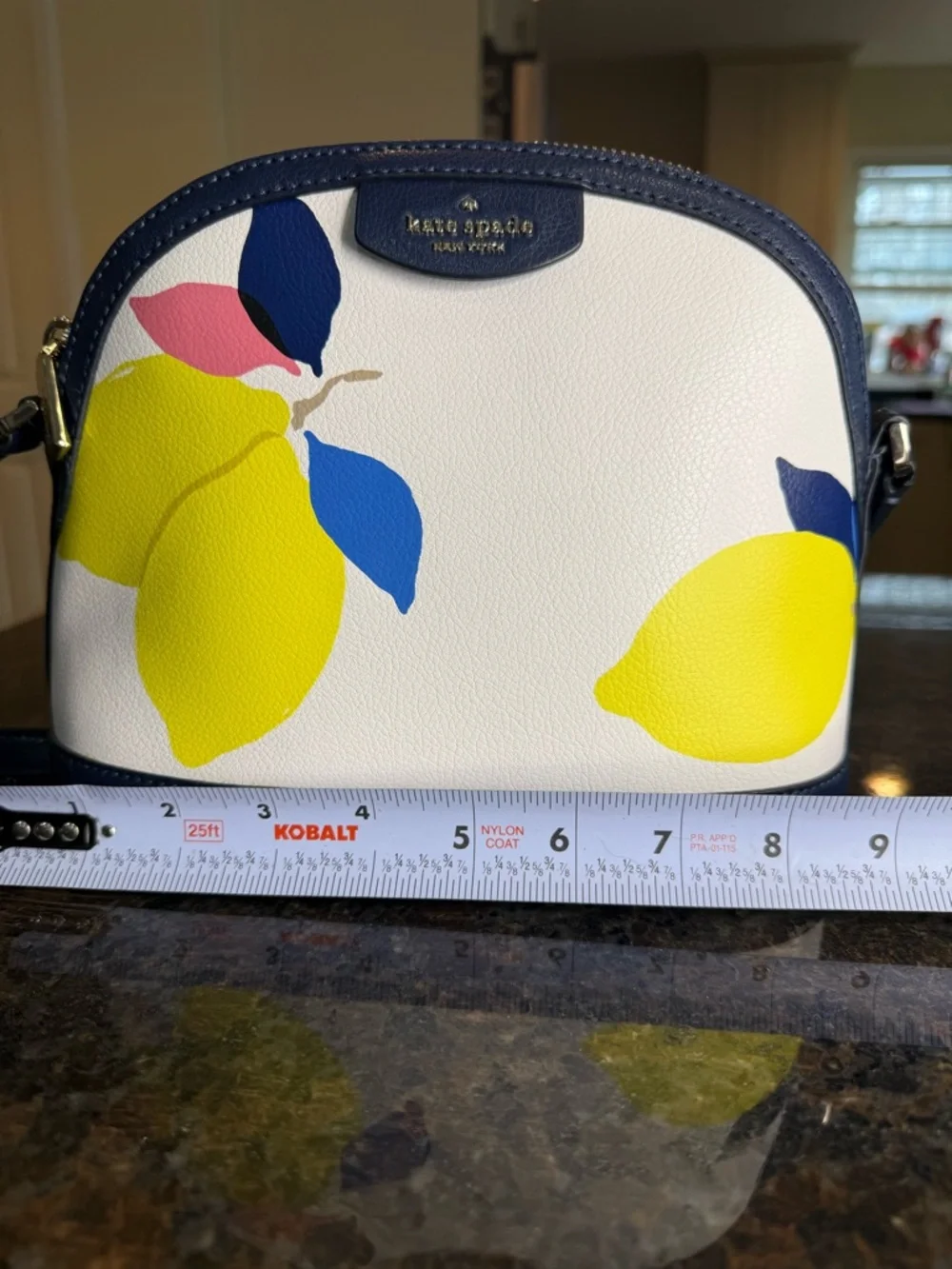 kate spade White Lemon Print Dome Crossbody with Navy Trim